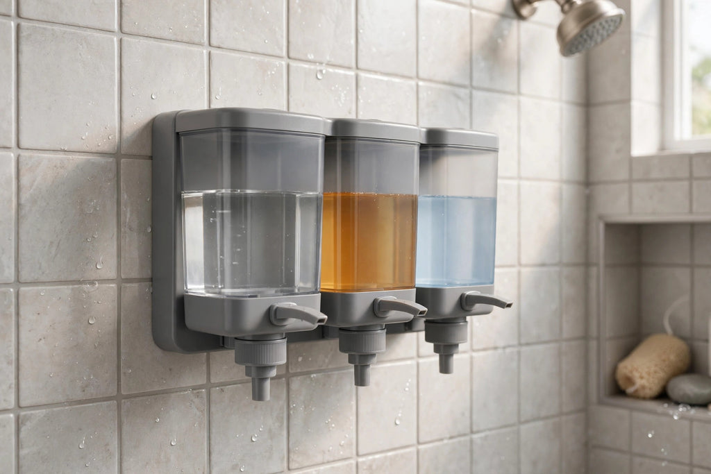 Gray Heavy Duty Plastic Three Chamber Wall Mount Soap Dispenser