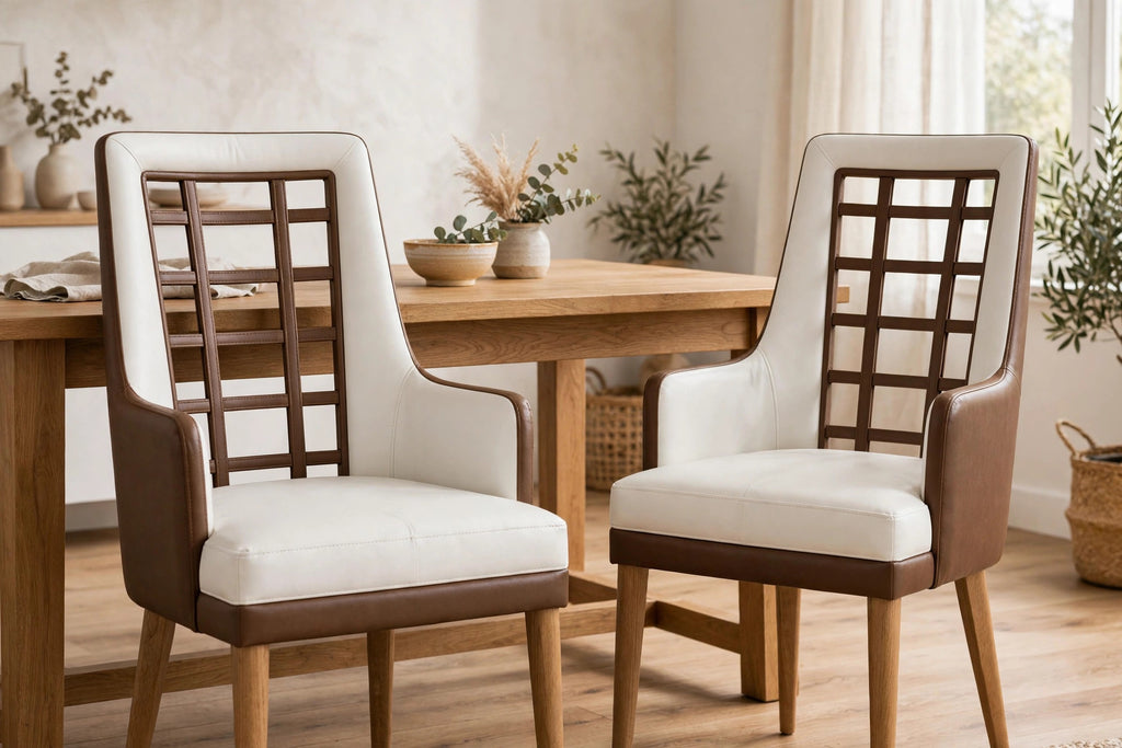 Set of 2 White and Brown Upholstered Faux Leather Open Back Dining Arm Chairs