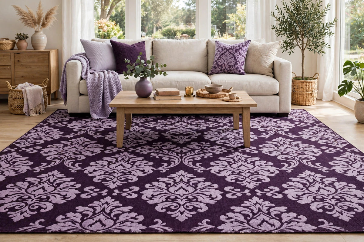 10' X 14' Eggplant Purple and Lavender Damask Washable Indoor Outdoor Area Rug