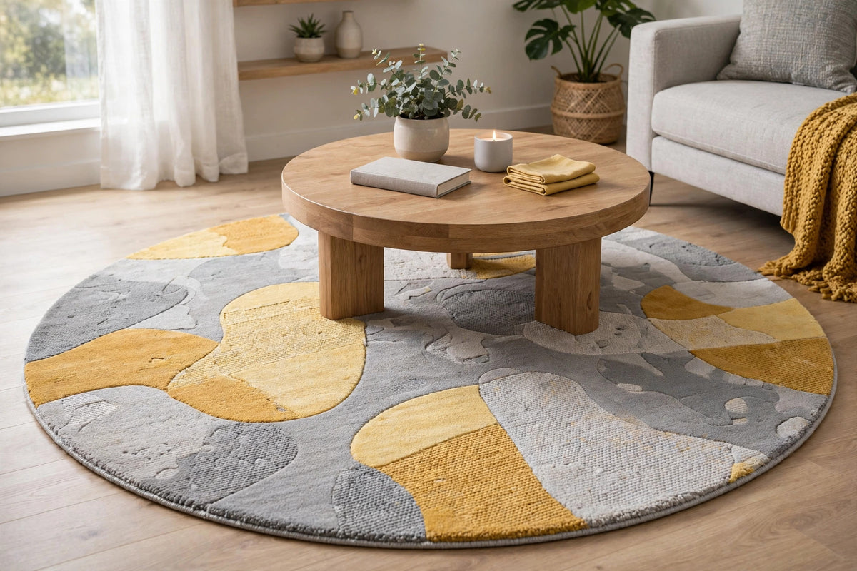 5' Gray and Yellow Round Abstract Non Skid Area Rug