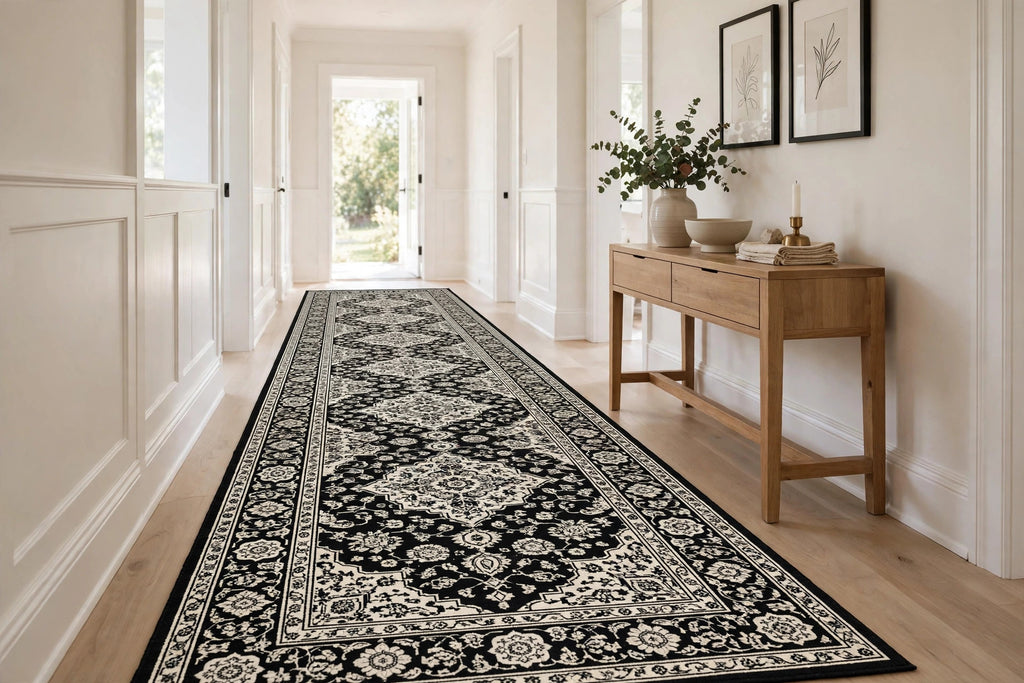 15' Runner Black and Ivory Oriental Power Loom Runner Rug