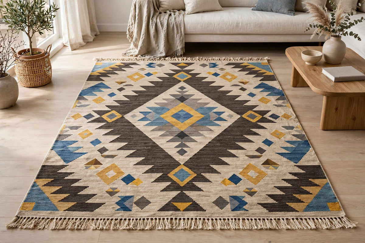 4' X 6' Beige Charcoal Brown Grey Tan Gold and Blue Geometric Power Loom Stain Resistant Area Rug with Fringe
