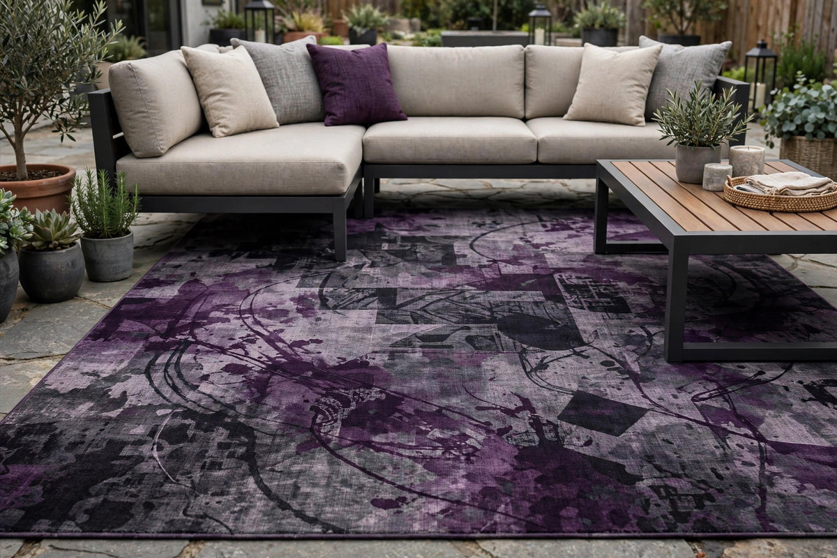 5' X 8' Eggplant Purple and Charcoal Abstract Washable Indoor Outdoor Area Rug