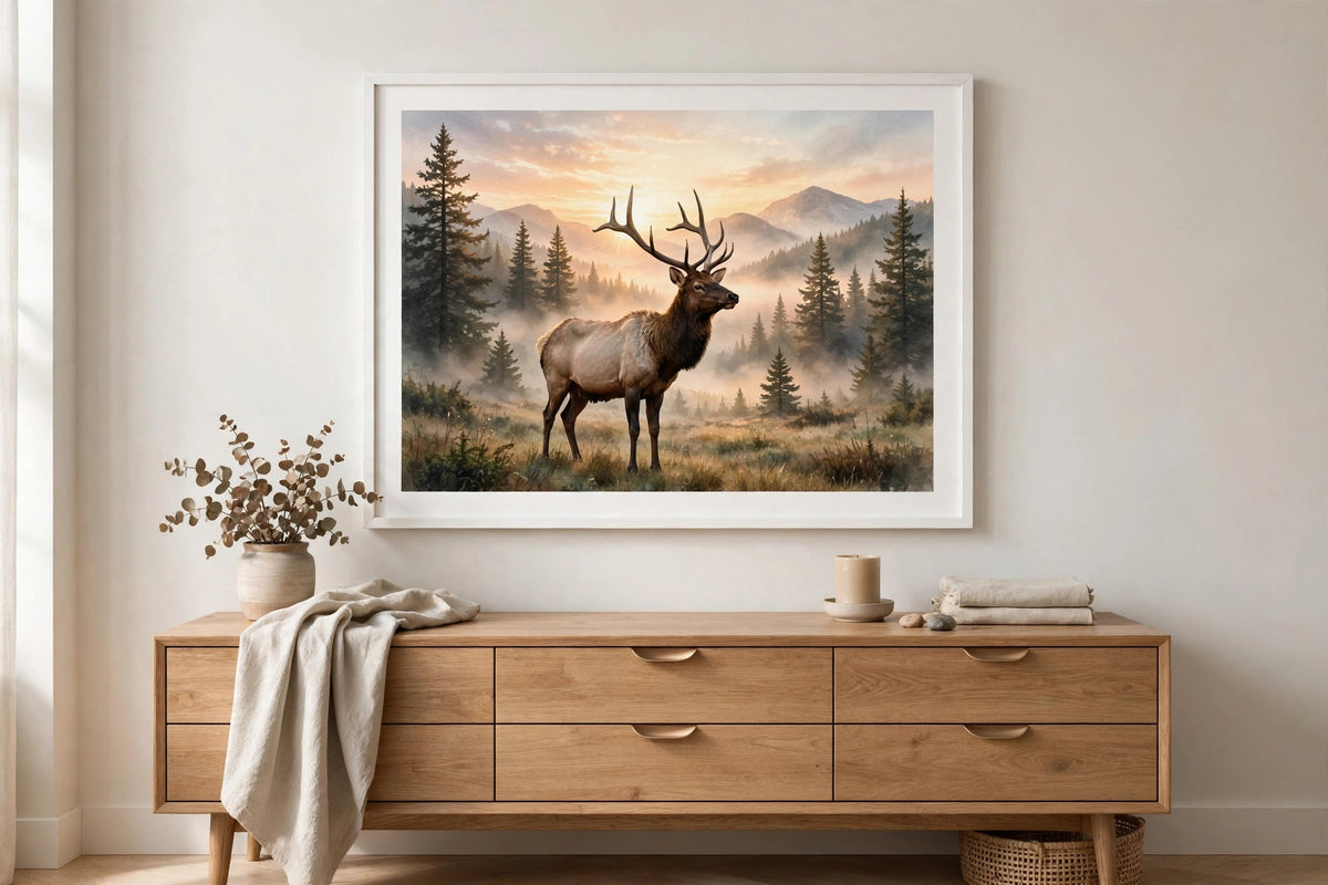 Elk Sunrise White Framed Print Wall Art