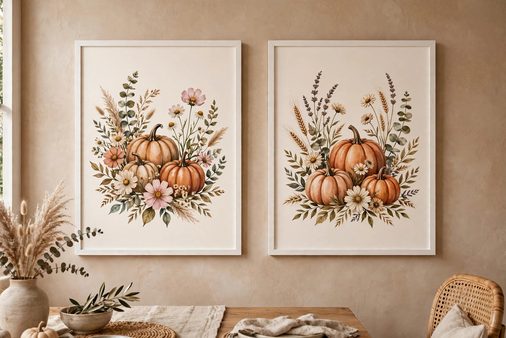 Set of 2 Boho Pumpkins and Flowers 2 White Framed Print Wall Art