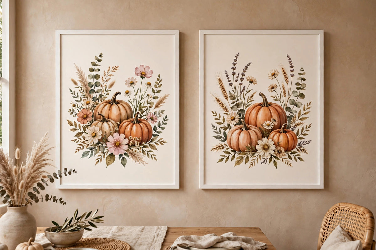 Set of 2 Boho Pumpkins and Flowers 2 White Framed Print Wall Art