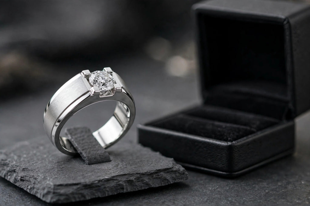 10K White Gold Finish Lab Created Diamond Silver Men's Silver Ring Size 10