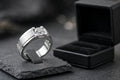 10K White Gold Finish Lab Created Diamond Silver Men's Silver Ring Size 10