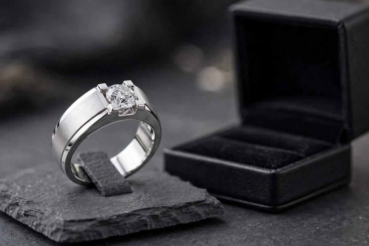 10K White Gold Finish Lab Created Diamond Silver Men's Silver Ring Size 10