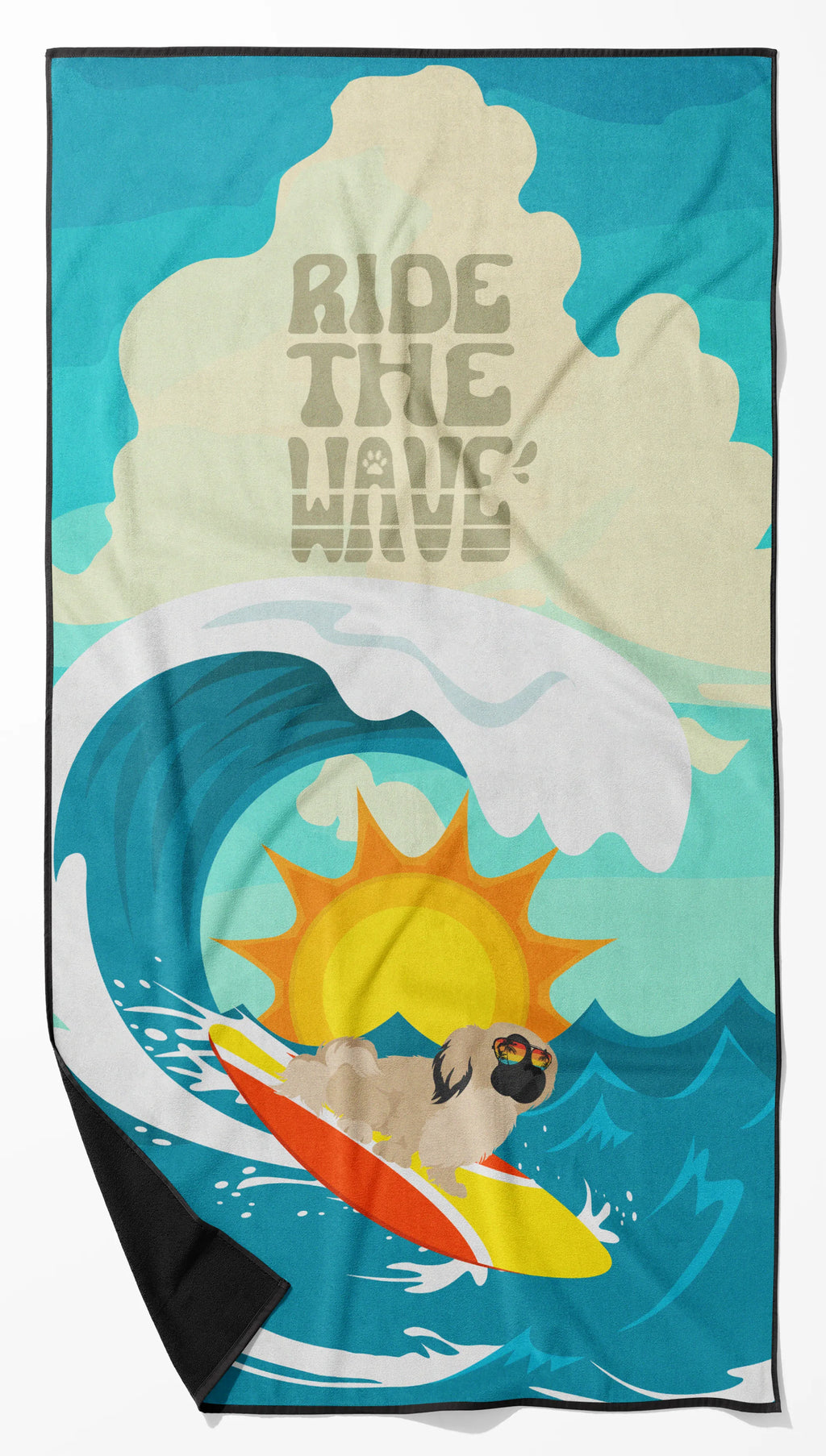 Surfer Dog Ride the Wave Premium Beach Towel (Pekingese - Cream)
