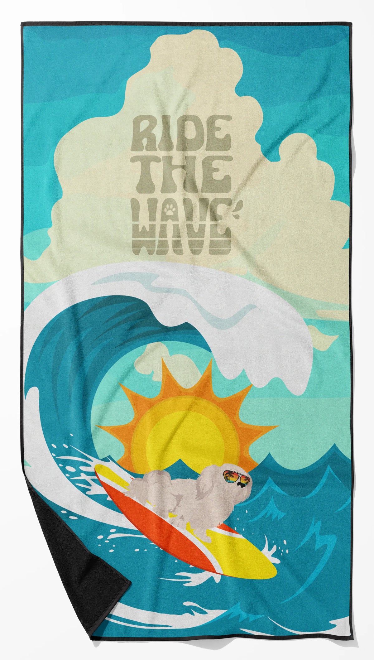 Surfer Dog Ride the Wave Premium Beach Towel (Pekingese - White)