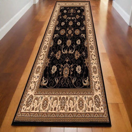 15' Runner Black and Ivory Oriental Power Loom Runner Rug