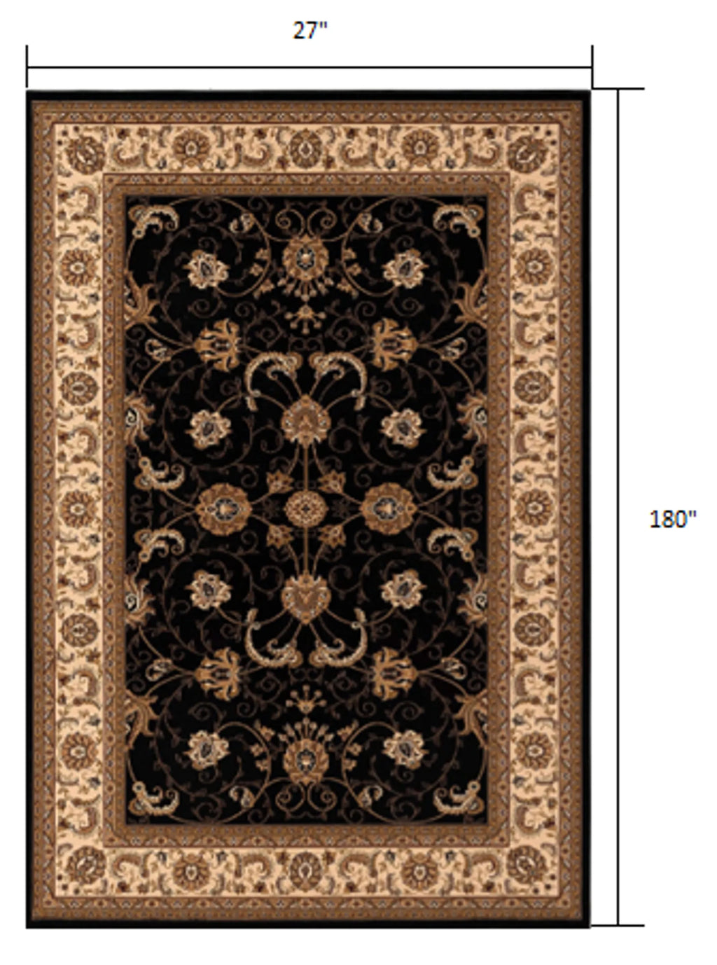 15' Runner Black and Ivory Oriental Power Loom Runner Rug