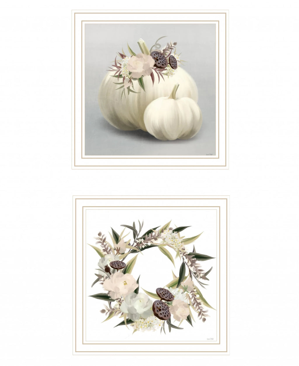Set of 2 Boho Pumpkins and Flowers 2 White Framed Print Wall Art