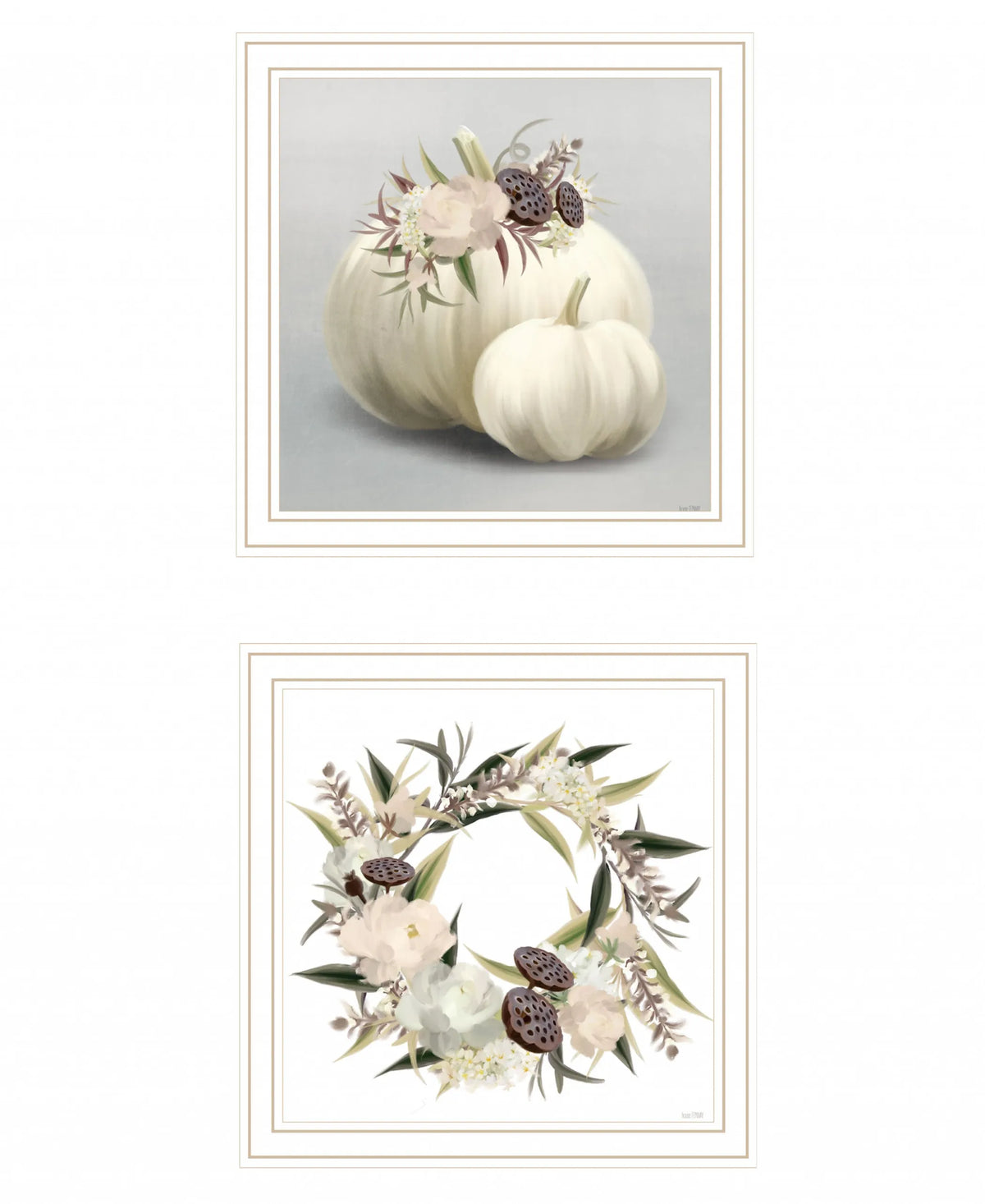 Set of 2 Boho Pumpkins and Flowers 2 White Framed Print Wall Art