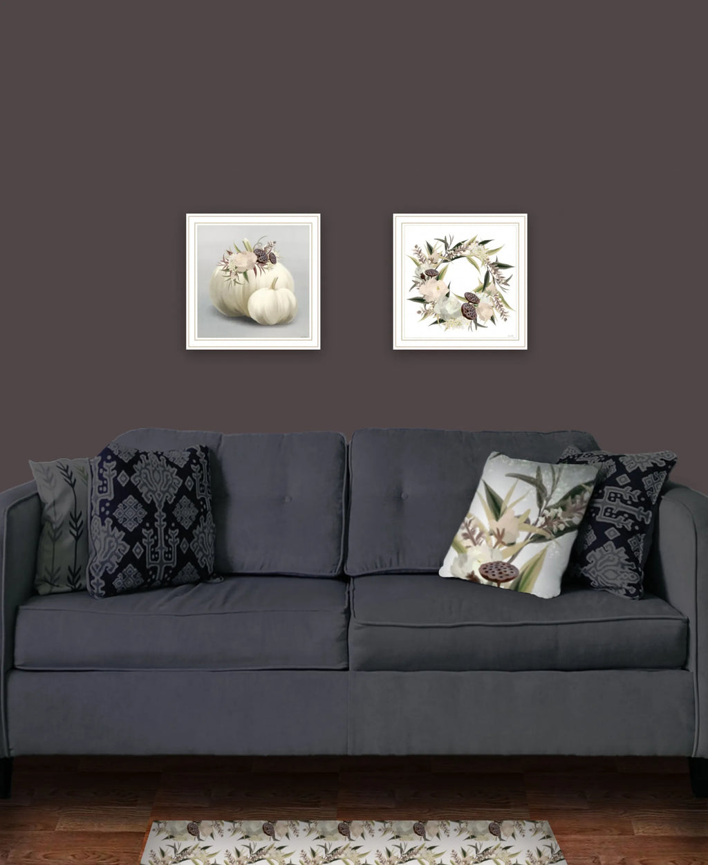 Set of 2 Boho Pumpkins and Flowers 2 White Framed Print Wall Art