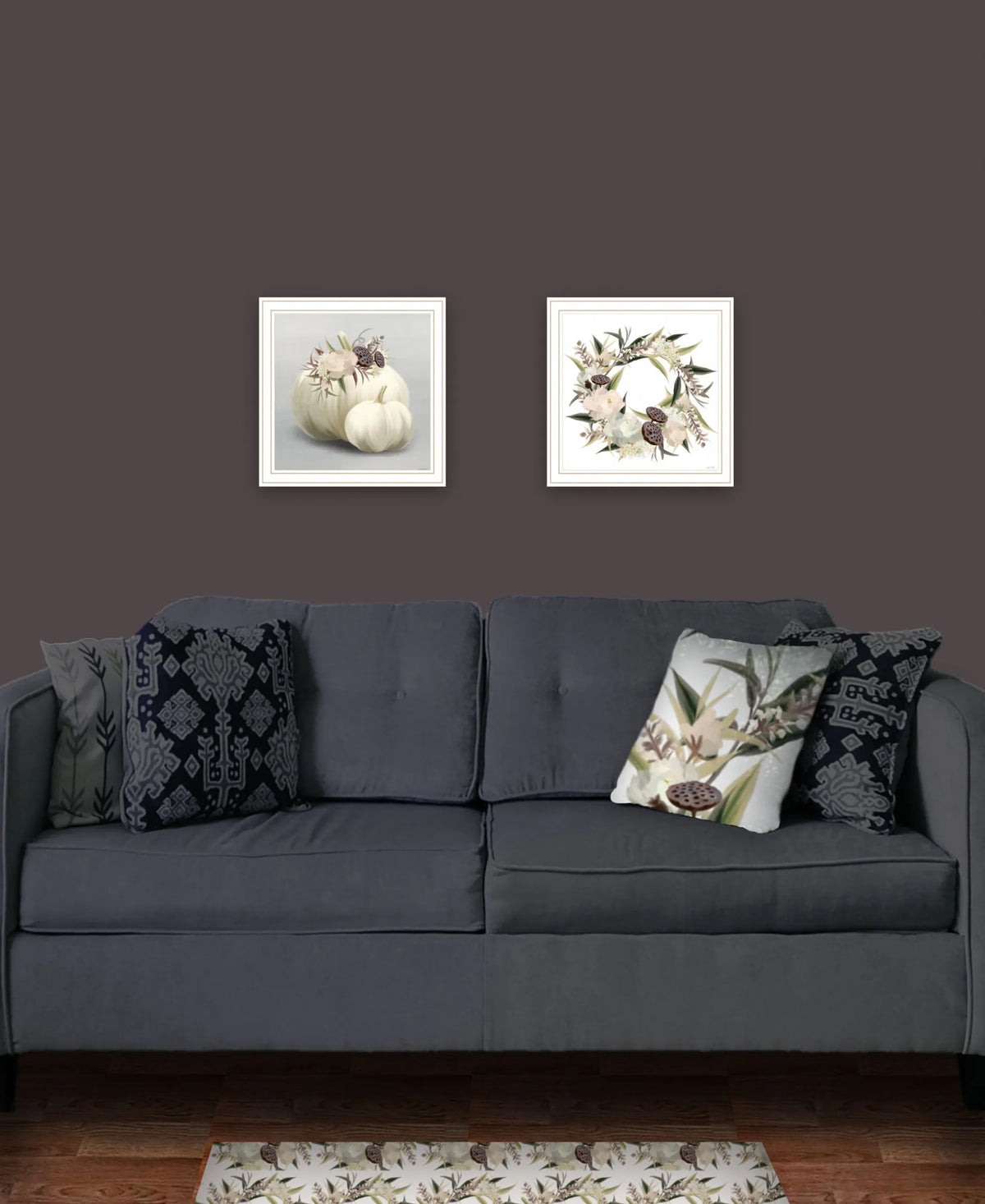 Set of 2 Boho Pumpkins and Flowers 2 White Framed Print Wall Art