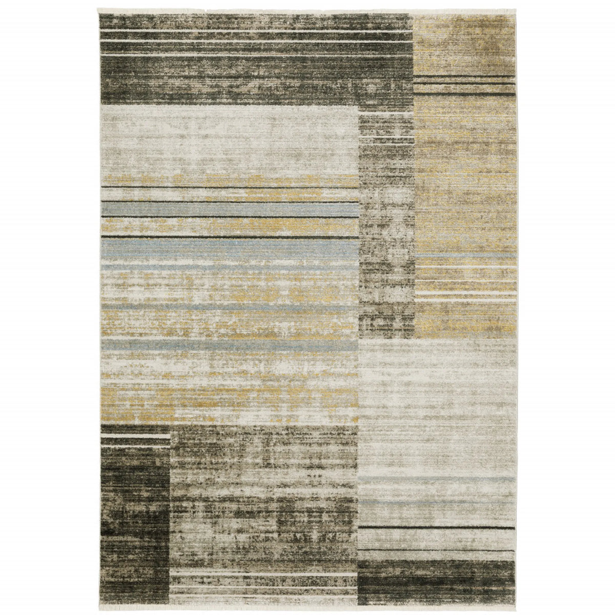 4' X 6' Beige Charcoal Brown Grey Tan Gold and Blue Geometric Power Loom Stain Resistant Area Rug with Fringe
