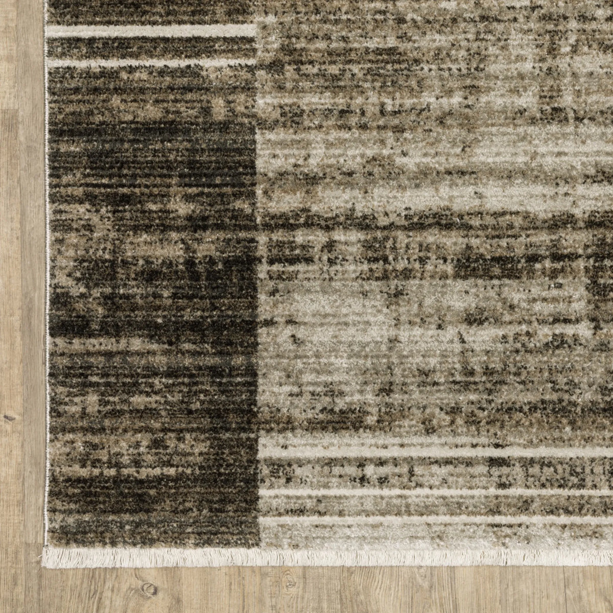 4' X 6' Beige Charcoal Brown Grey Tan Gold and Blue Geometric Power Loom Stain Resistant Area Rug with Fringe