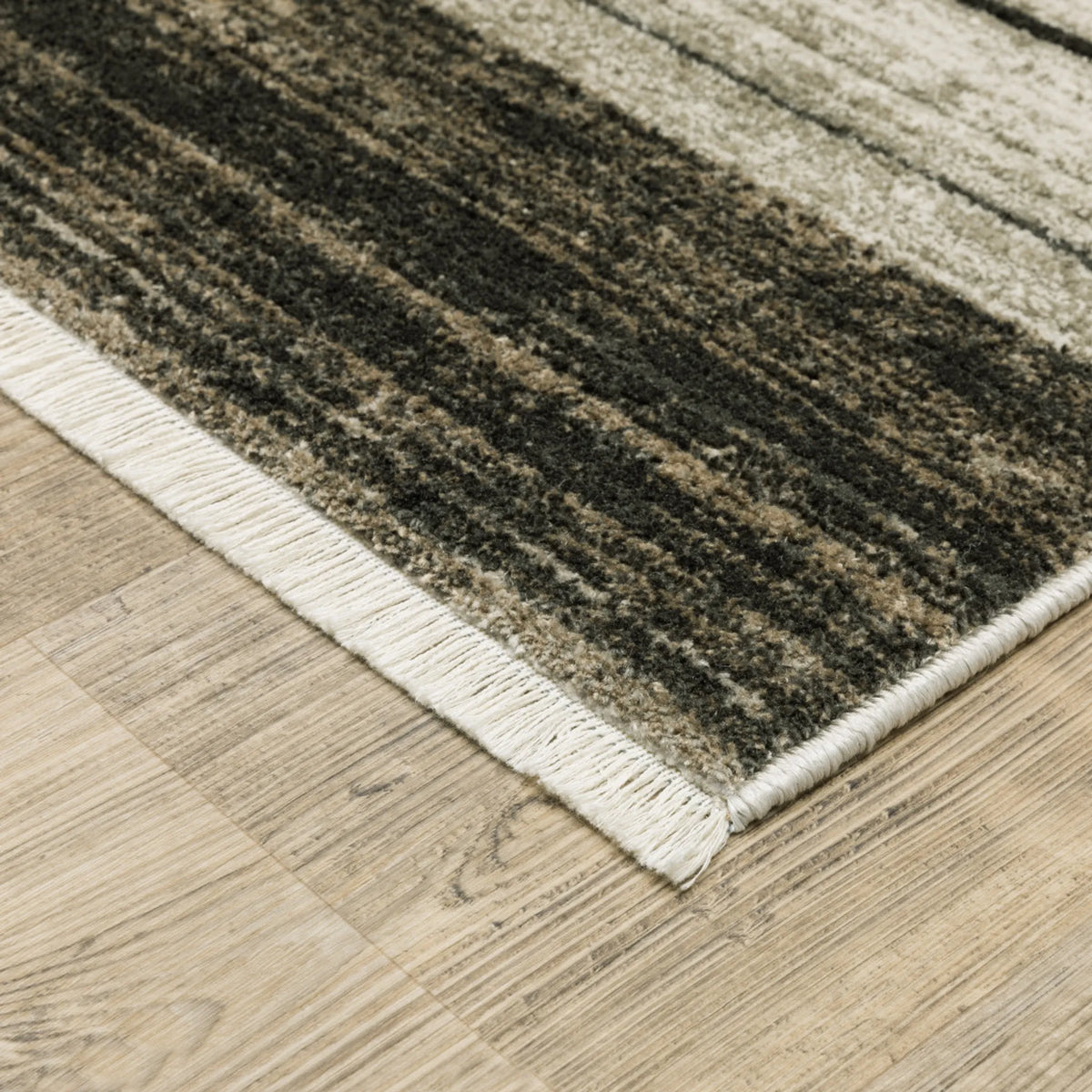 4' X 6' Beige Charcoal Brown Grey Tan Gold and Blue Geometric Power Loom Stain Resistant Area Rug with Fringe