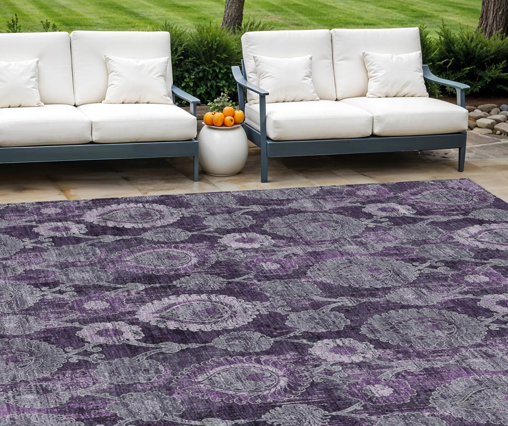 10' X 14' Eggplant Purple and Lavender Damask Washable Indoor Outdoor Area Rug