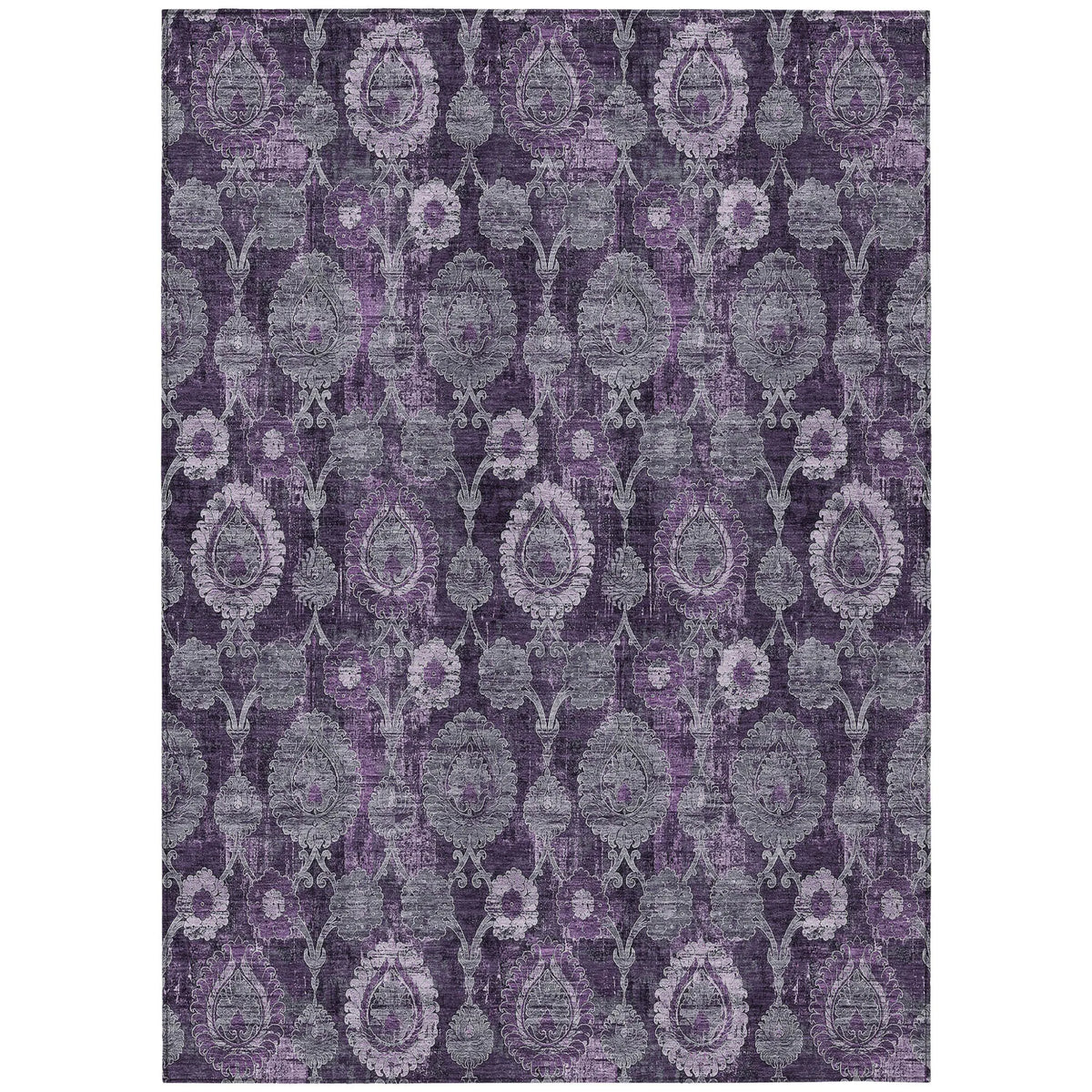 10' X 14' Eggplant Purple and Lavender Damask Washable Indoor Outdoor Area Rug
