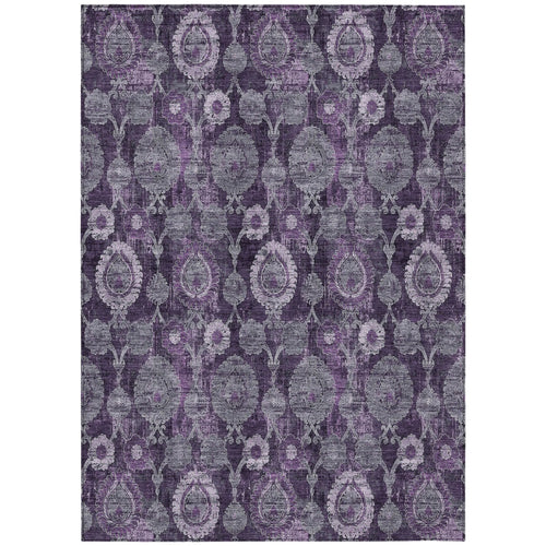 10' X 14' Eggplant Purple and Lavender Damask Washable Indoor Outdoor Area Rug