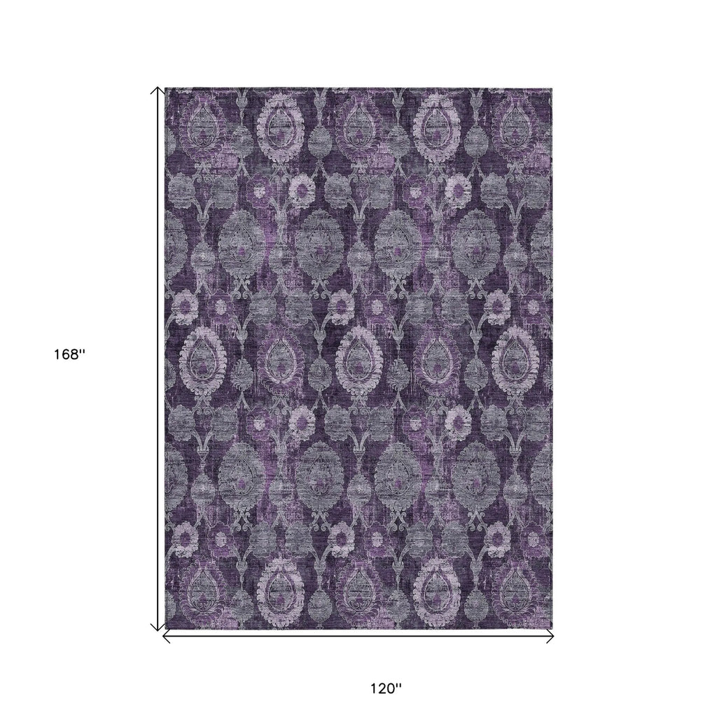 10' X 14' Eggplant Purple and Lavender Damask Washable Indoor Outdoor Area Rug