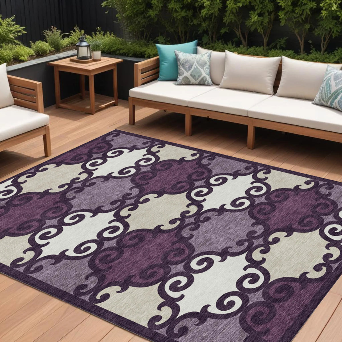 8' X 10' Eggplant and Ivory Trellis Washable Indoor Outdoor Area Rug
