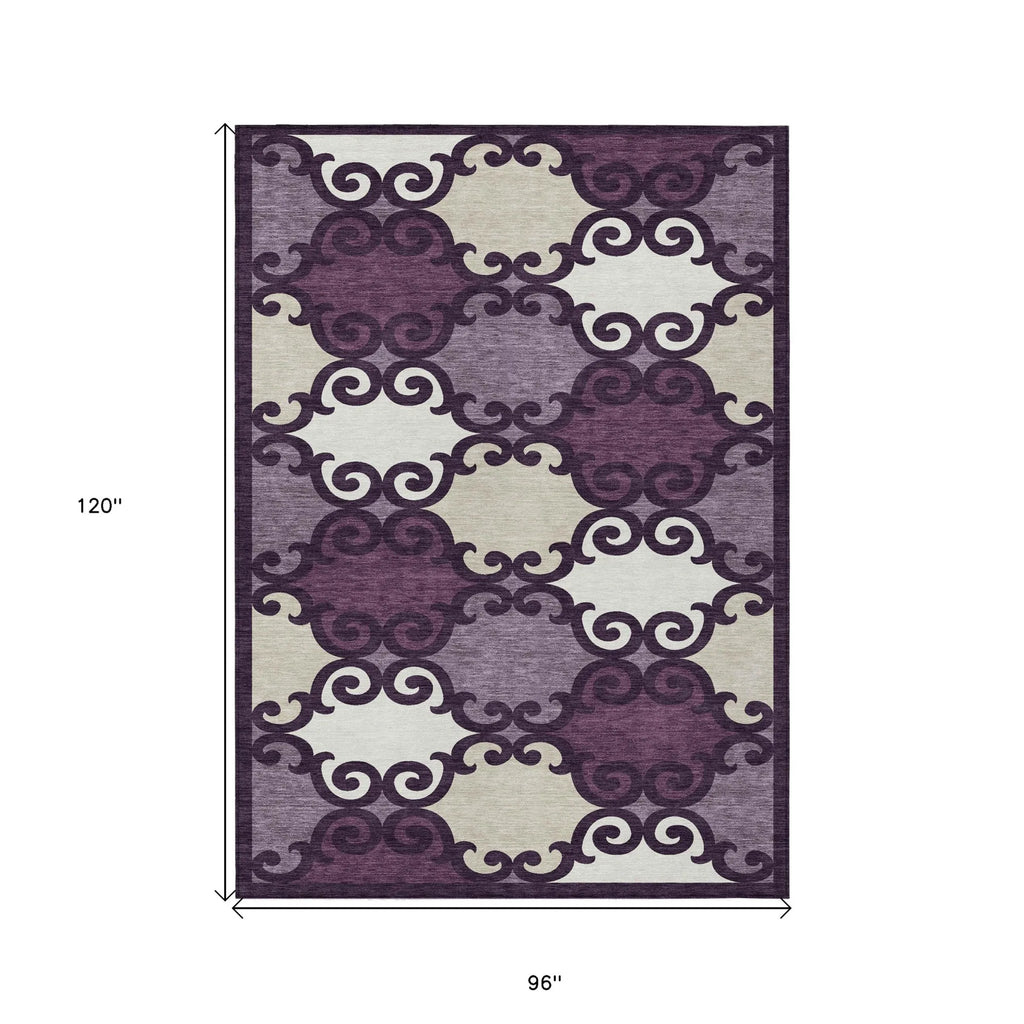 8' X 10' Eggplant and Ivory Trellis Washable Indoor Outdoor Area Rug