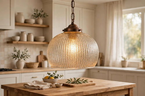 Bronze Hanging Light with Ribbed Pebbled Glass Shade
