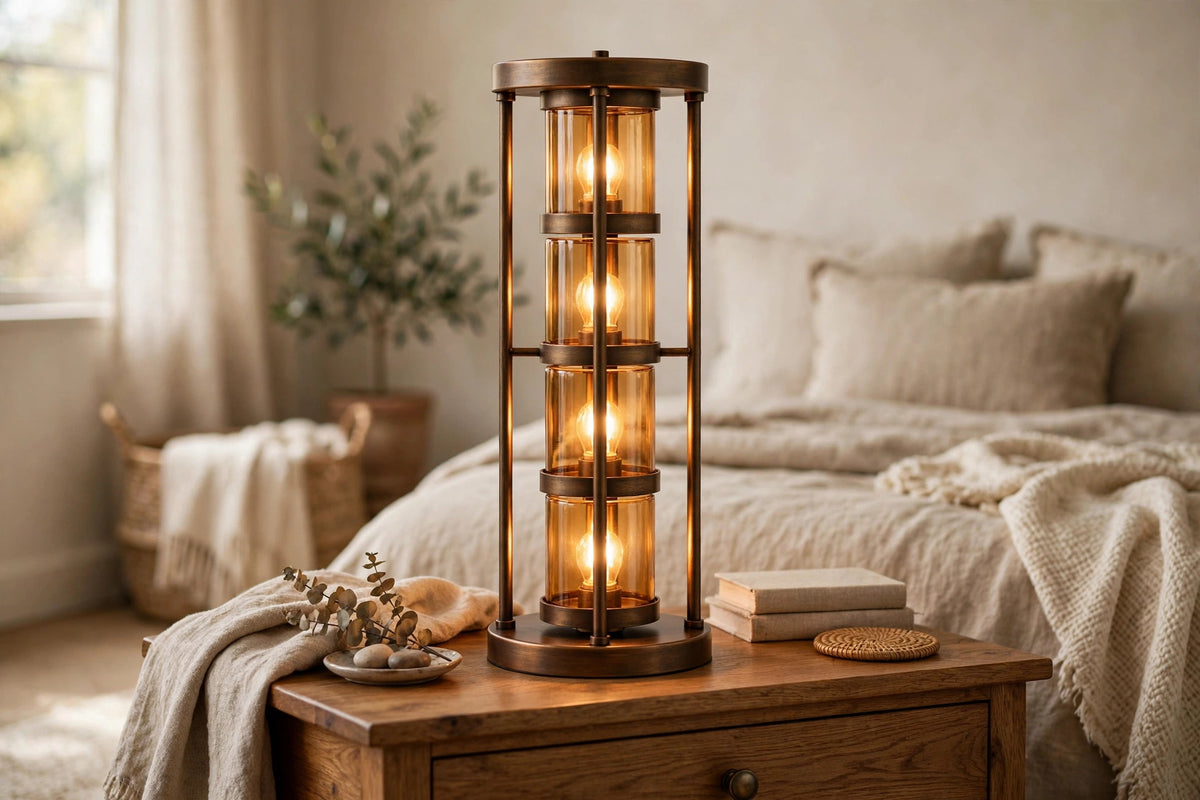 30" Bronze Metal Four Light Cylinder Bedside Table Lamp With Amber Round Shade