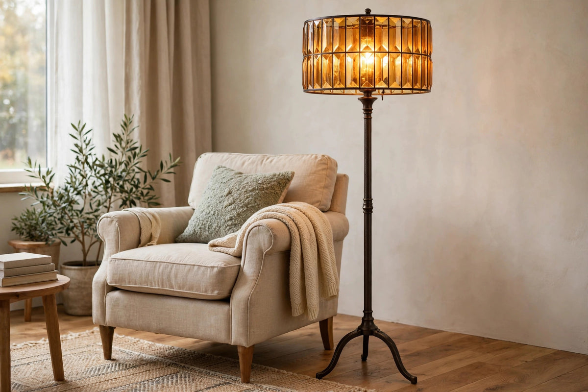 68" Dark Bronze Floor Lamp With Amber Solid Color Beveled Glass Drum Shade