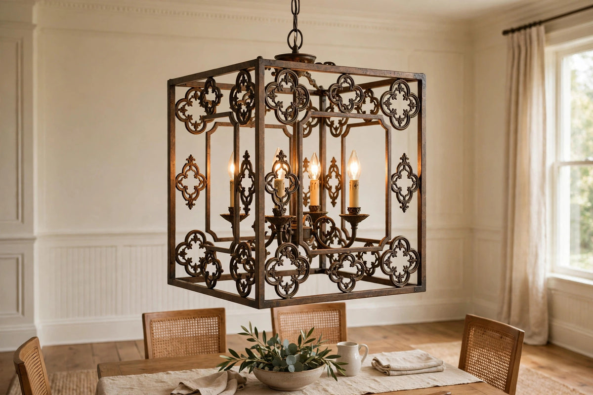 Antiqued Bronze Square And Quatrefoil Metal Dimmable Chandelier