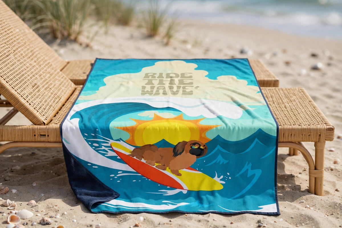 Surfer Dog Ride the Wave Premium Beach Towel (Pekingese - Cream)