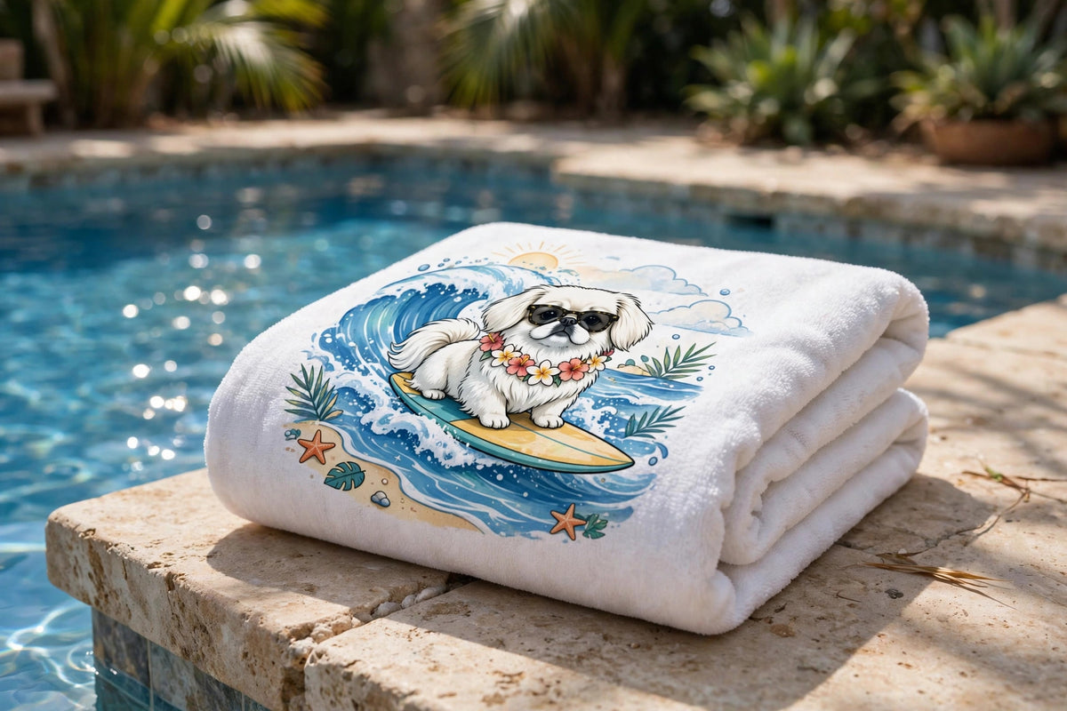 Surfer Dog Ride the Wave Premium Beach Towel (Pekingese - White)