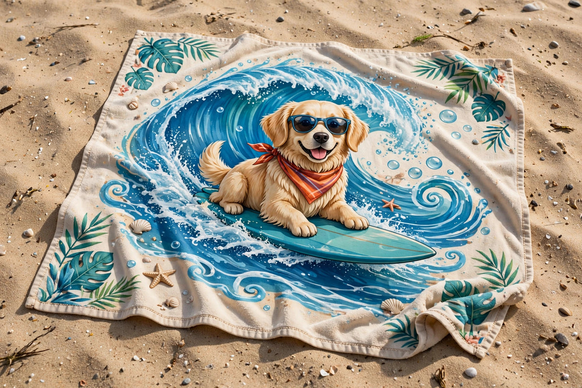 Surfer Dog Ride the Wave Premium Beach Towel