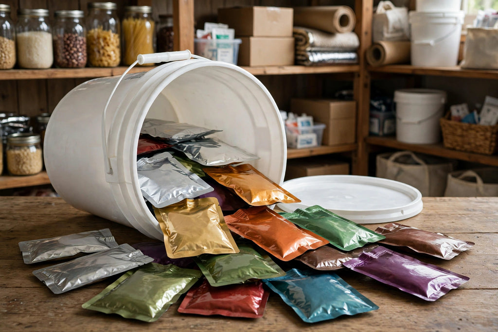 Open emergency food bucket with meal pouches arranged around it