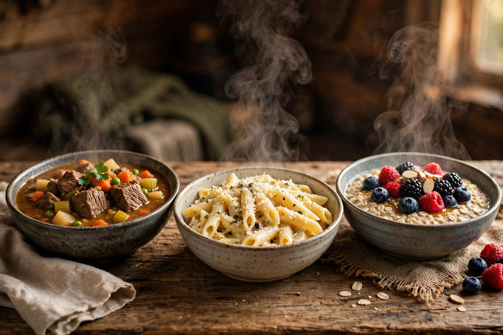 Three prepared emergency meals served in bowls