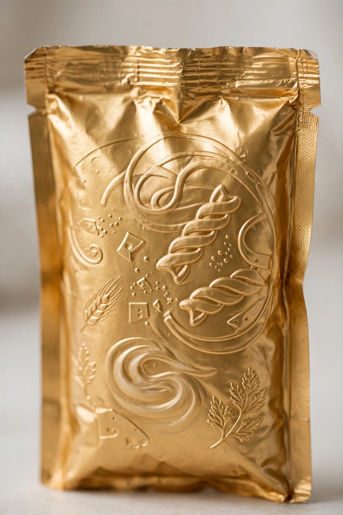 Creamy pasta emergency meal pouch close-up