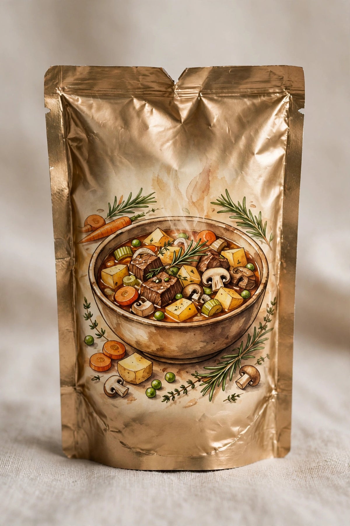 Hearty stew emergency meal pouch close-up