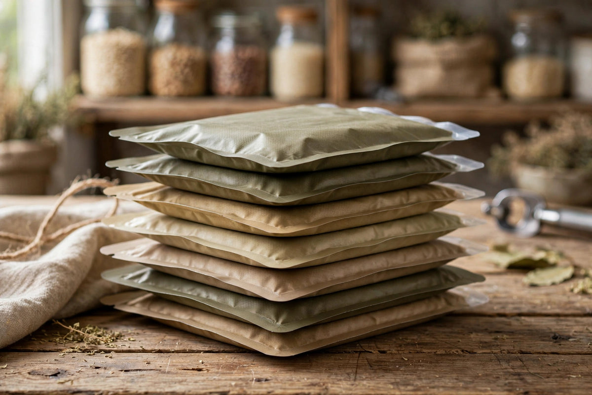 Stack of sealed emergency food meal pouches