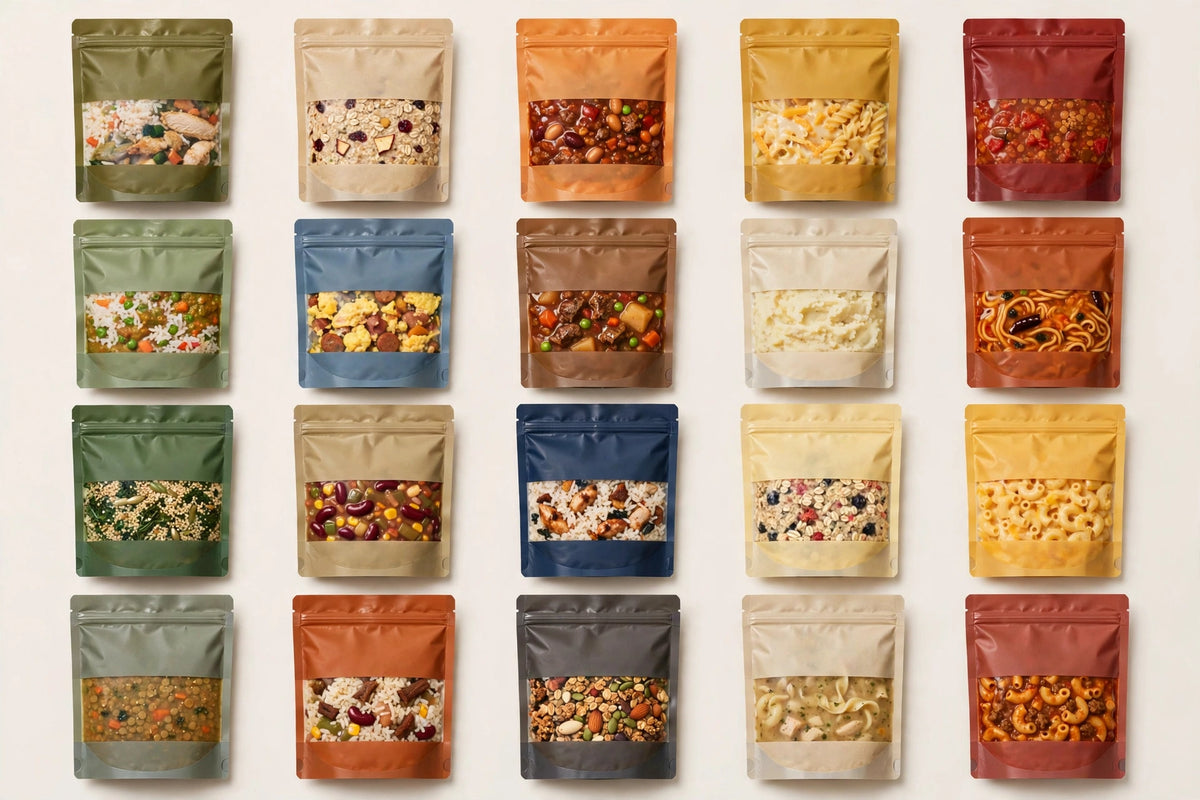 Full assortment of emergency meal pouches laid out flat