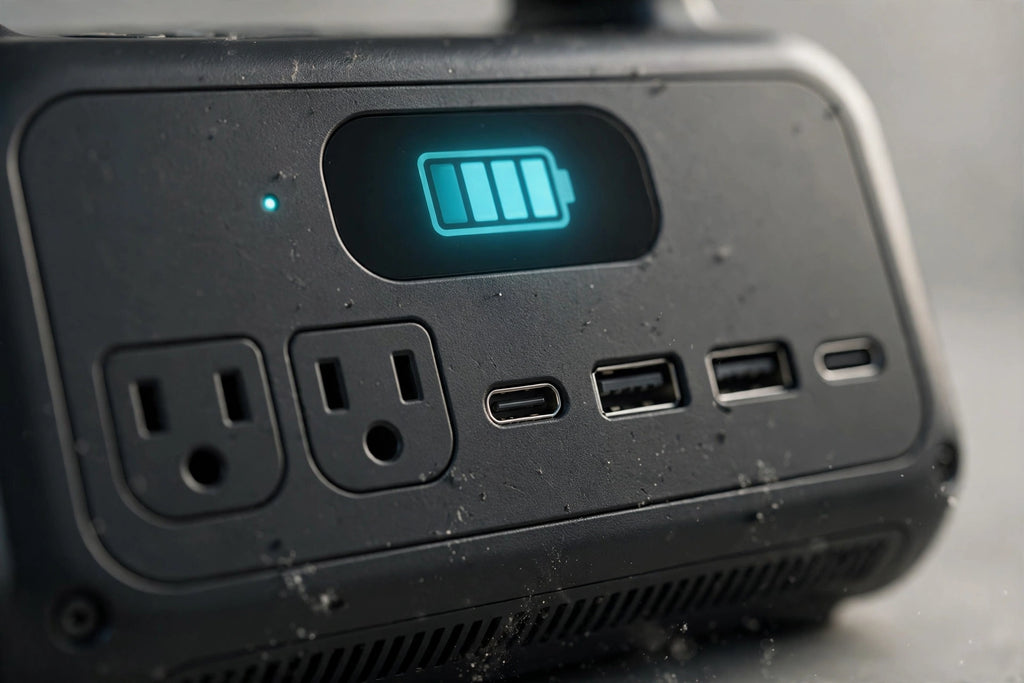 Close-up of power station outlets and digital display