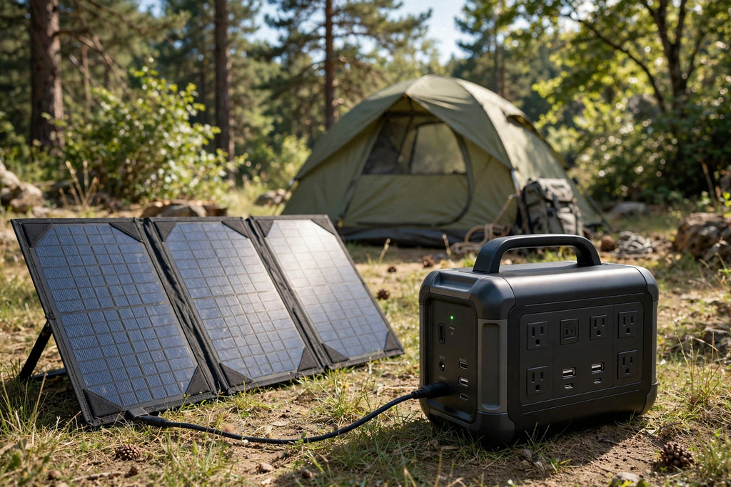 Portable power station charging with a solar panel at a campsite