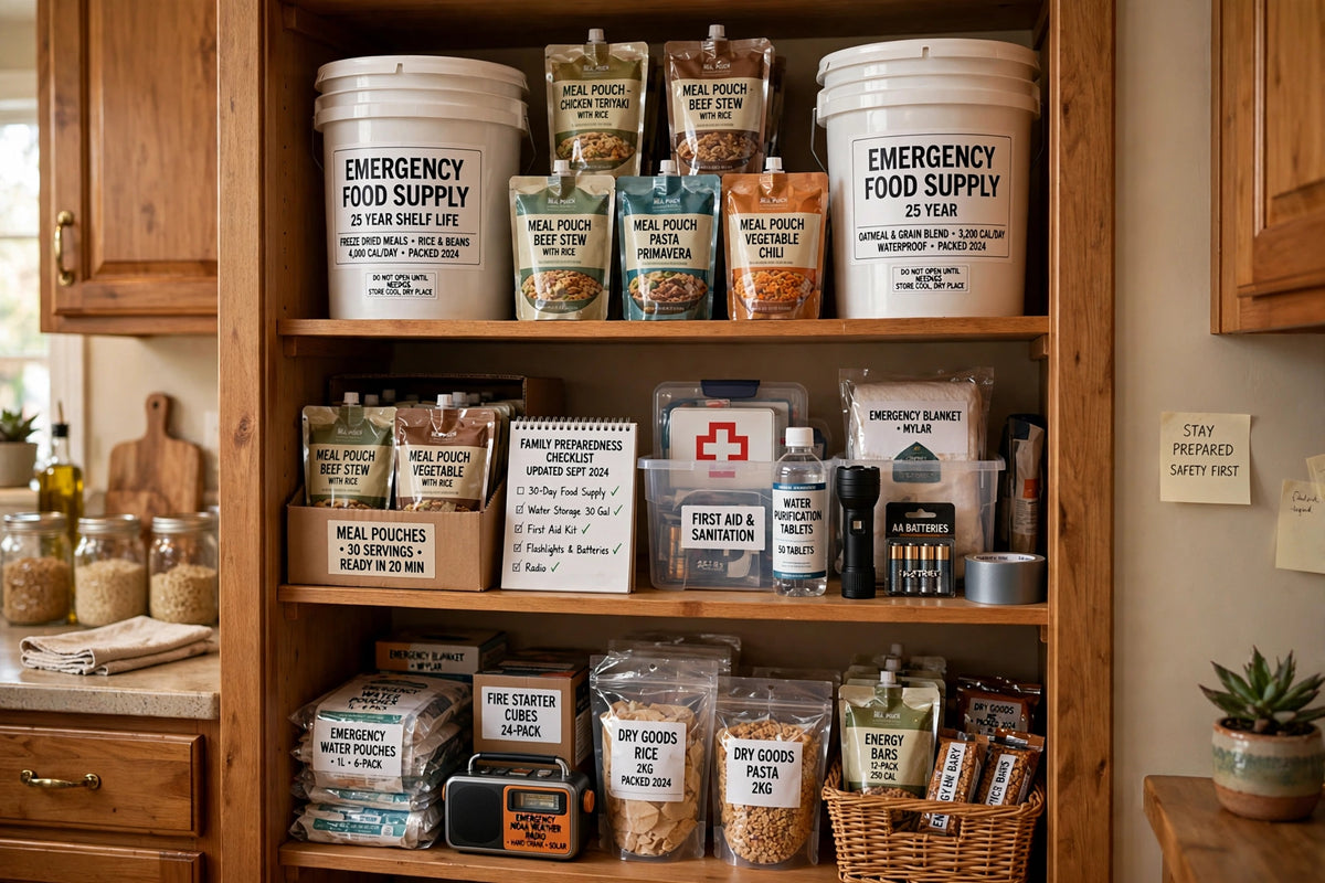 Emergency food supply buckets and meal pouches stocked on a wooden pantry shelf