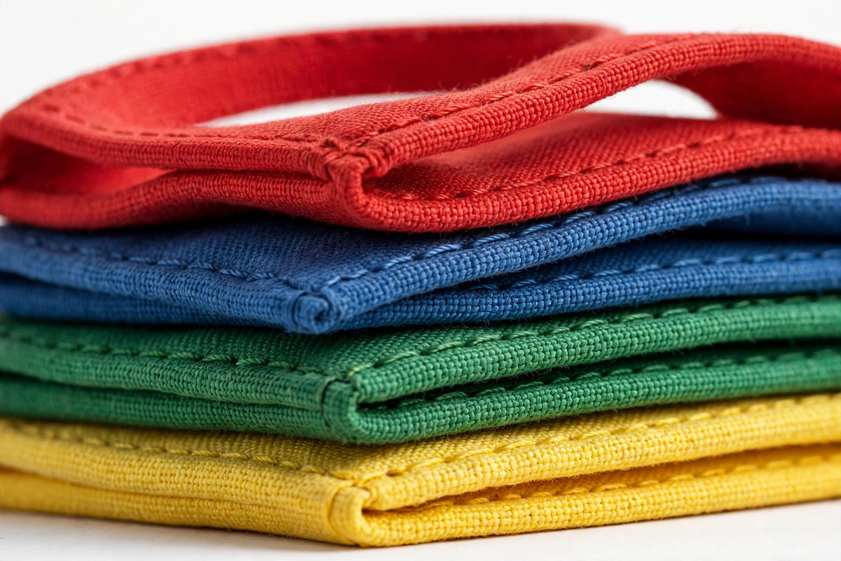 Close-up of folded woven fabric resistance band loops in red, blue, green and yellow
