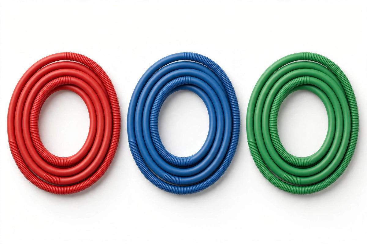 Three coiled resistance band loops in red, blue and green on white background