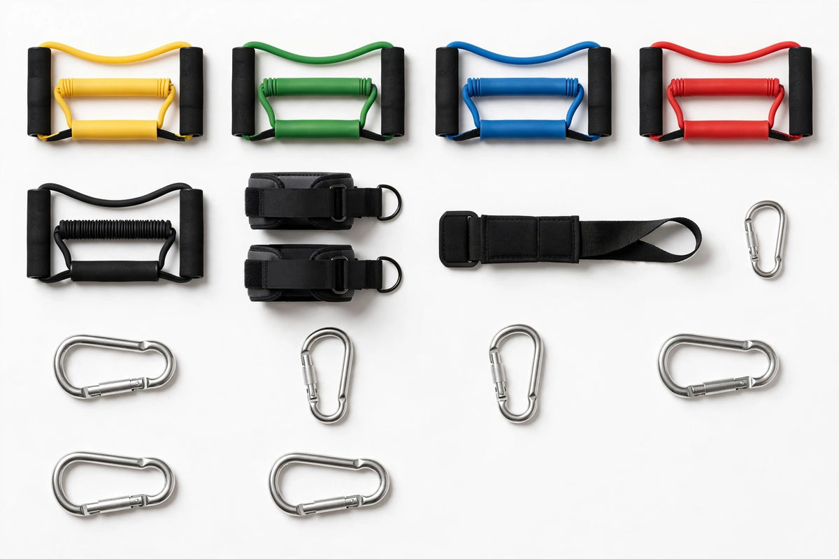 Resistance band set with colored foam handles, ankle straps, door anchor and carabiners on white background
