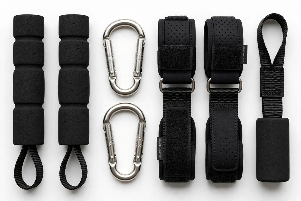Resistance band accessories: foam handles, carabiners, ankle straps and door anchor on white background